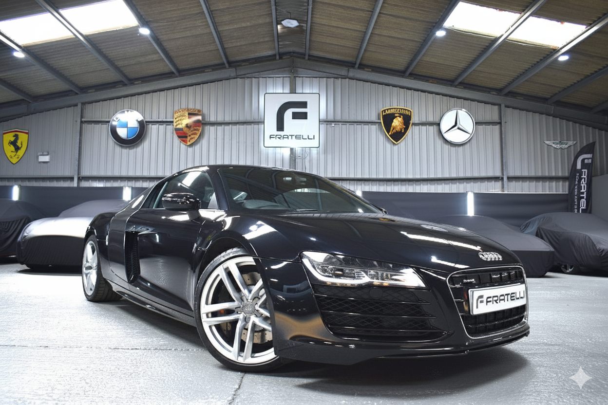 Black Audi R8 before the front splitter and side skirt