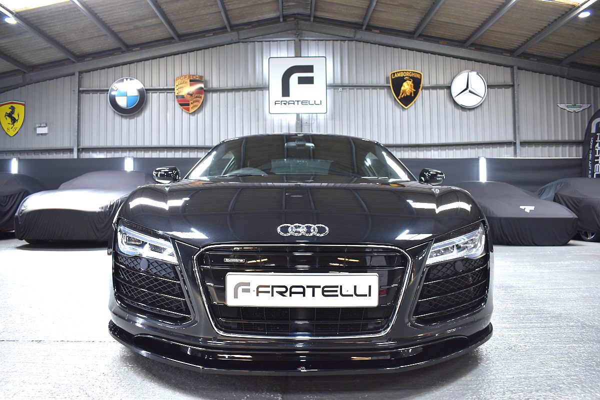 Front of a black Audi R8 with a front splitter