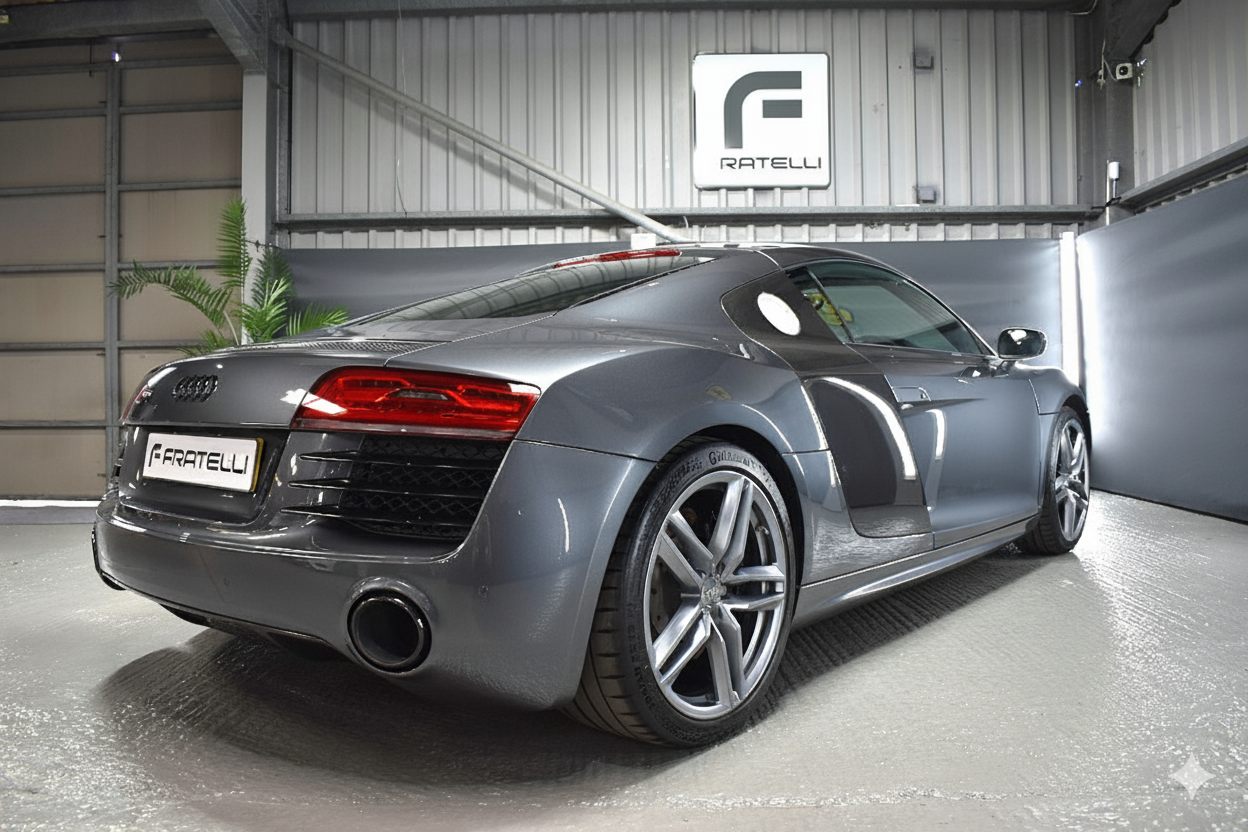 Rear three-quarter of a black Audi R8 before the rear wing and side skirt